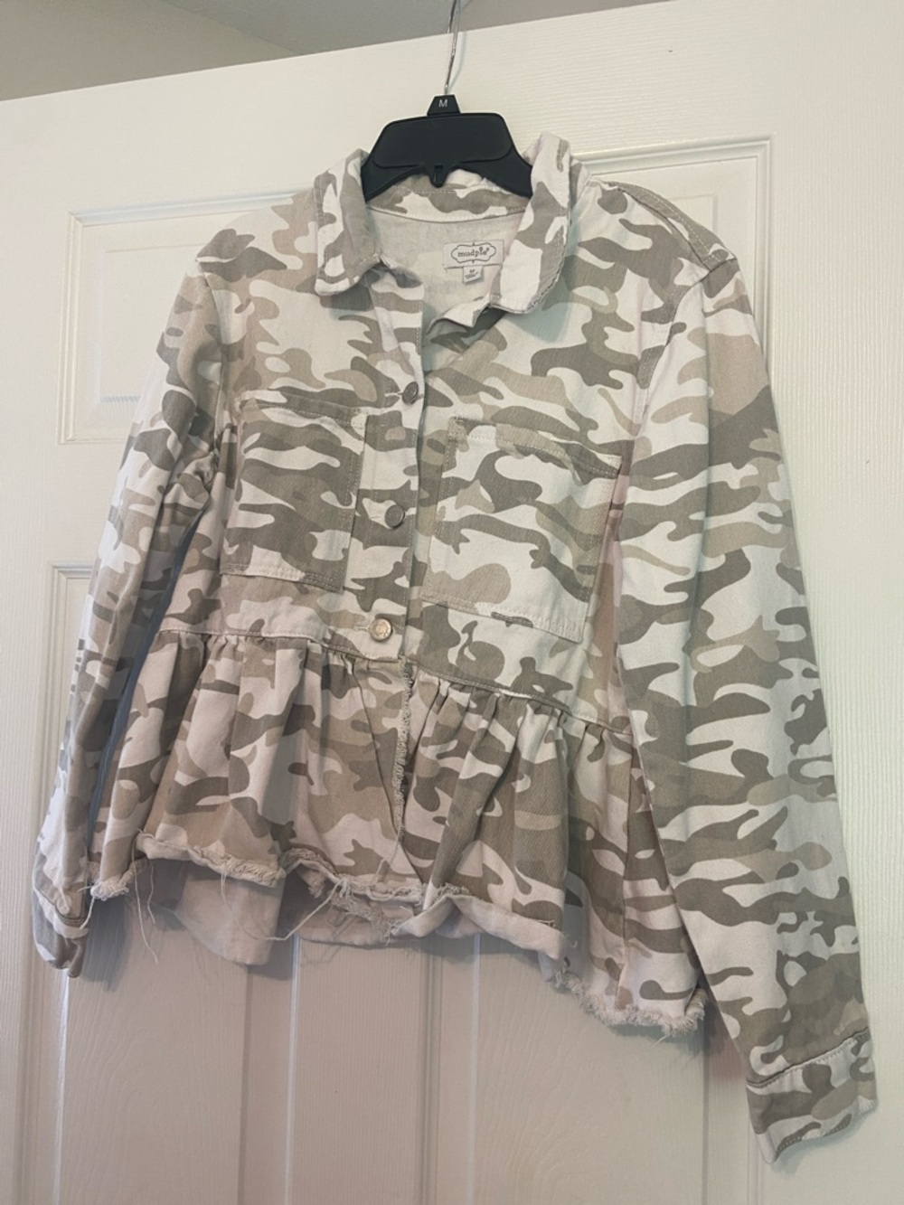Mud Pie Beige & White Camo Peplum Jean Jacket